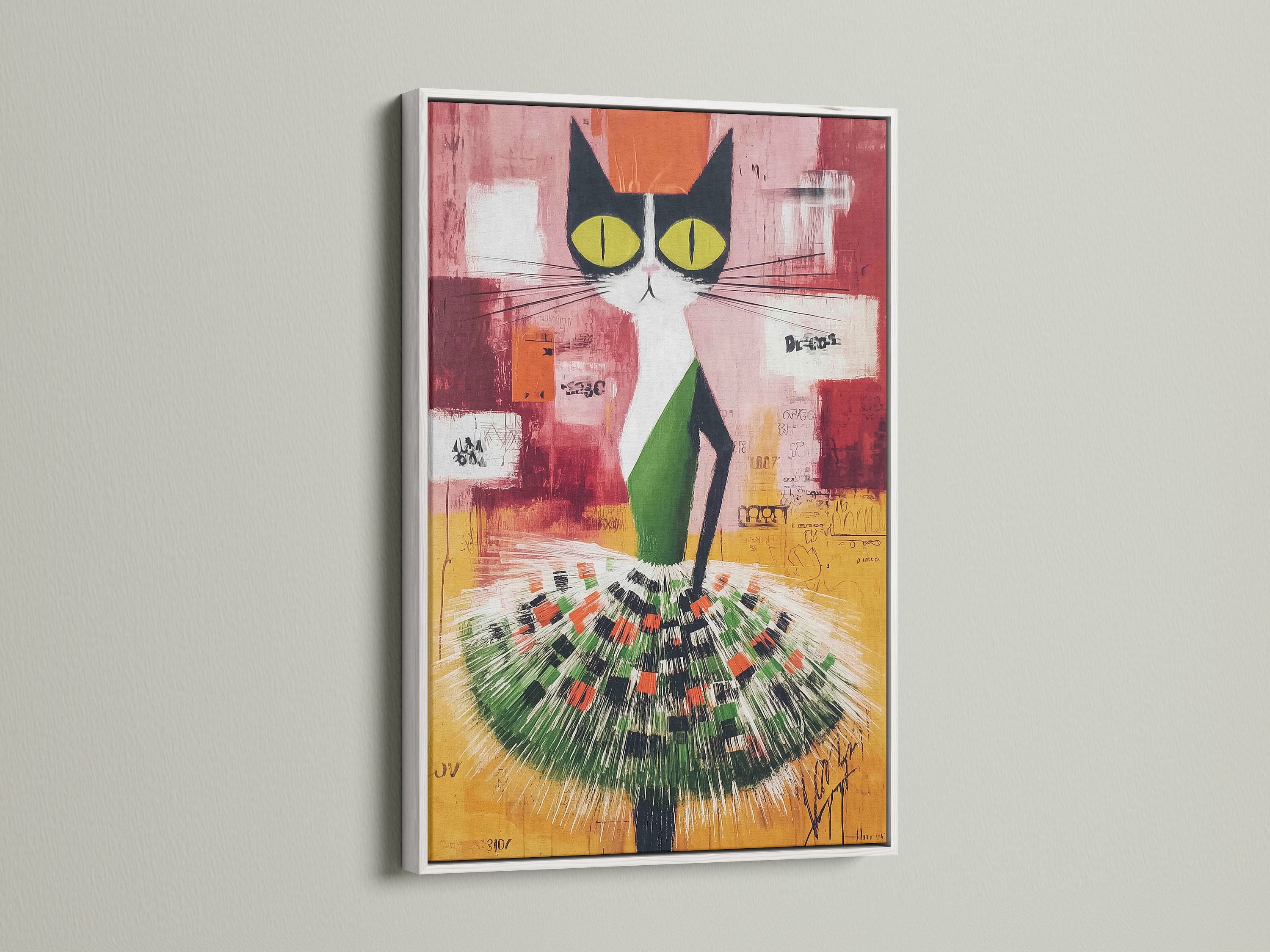 This is a vibrant Abstract Cat art print showcased in a white frame. The colorful animal poster is a modern piece of folk art. The primary color is green with orange secondary colors. It is perfect for brightening up a kids' room or nursery.