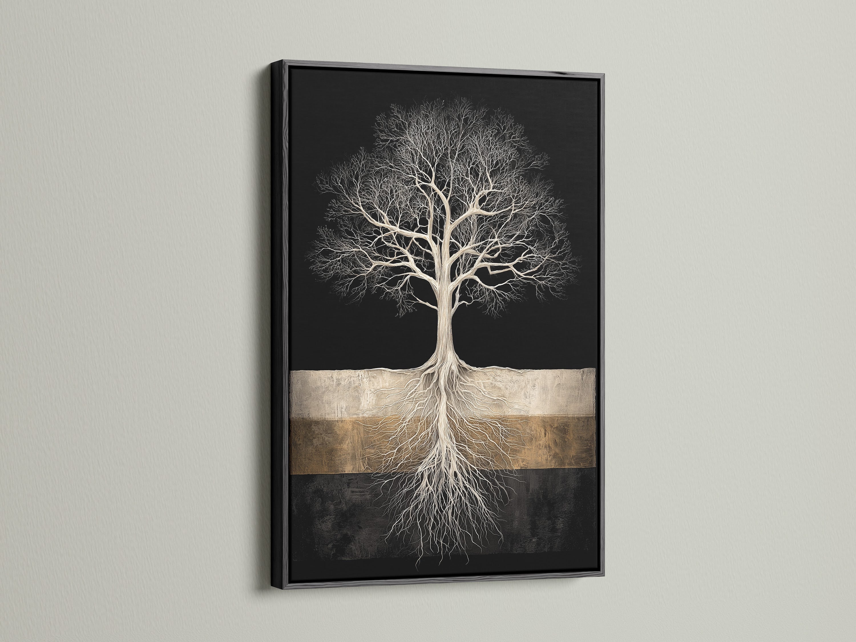 Tree of Life art in a black frame. The black and gold artwork offers a modern and sophisticated look. This contemporary art piece enhances any space. It's a striking addition to modern home decor. The tree wall art is captivating.