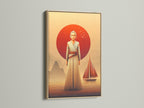 Rey Star Wars canvas art print in an oak frame. The oak frame enhances this sci-fi wall art. The colors of the frame complement the desert sunset art. This movie canvas print is great for home office decor.