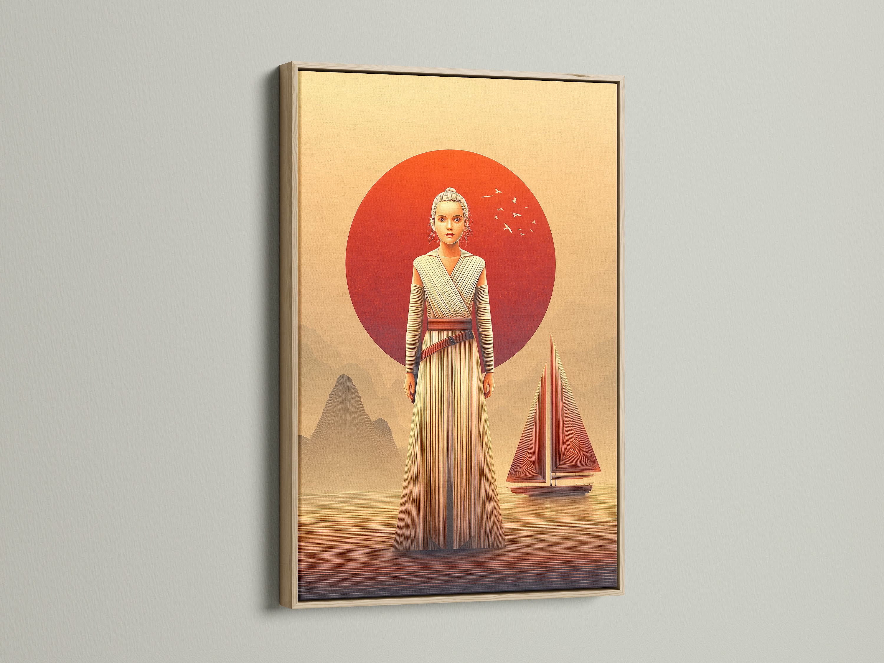 Rey Star Wars canvas art print in an oak frame. The oak frame enhances this sci-fi wall art. The colors of the frame complement the desert sunset art. This movie canvas print is great for home office decor.