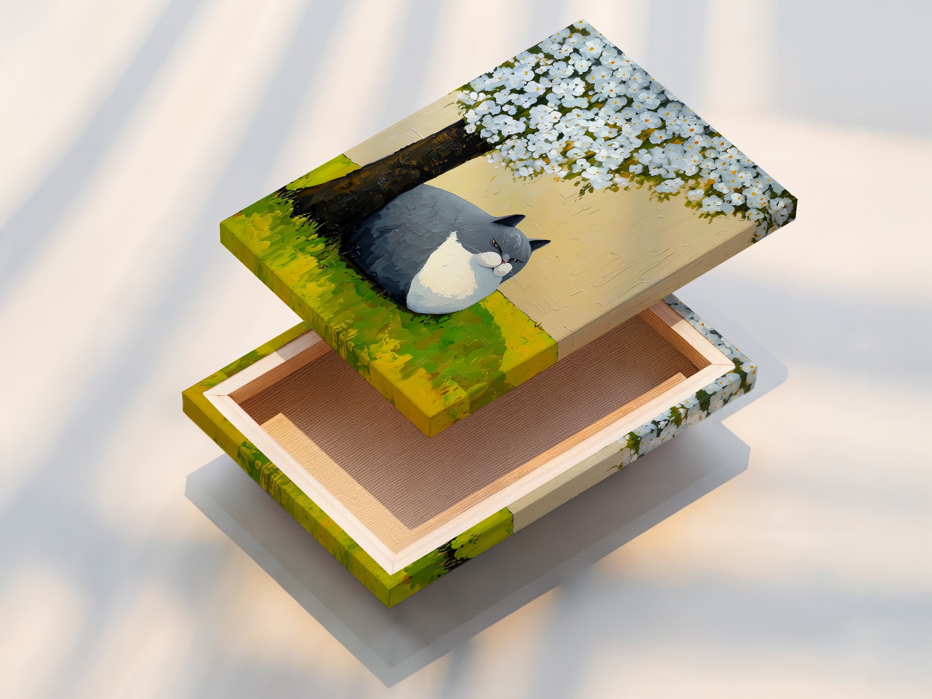 The image shows a stretched canvas print of a cat under a tree. This whimsical animal artwork is ready to hang. The spring blossom art brings a fresh touch to any room. It is perfect for nurseries seeking contemporary minimalist wall art.