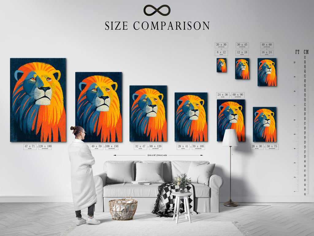 An interior size comparison chart is displayed. The chart shows various artwork sizes in a room setting. This helps visualize the perfect size for your space. Find the ideal artwork dimensions for your home decor needs. Enhance your interior with perfectly sized art.