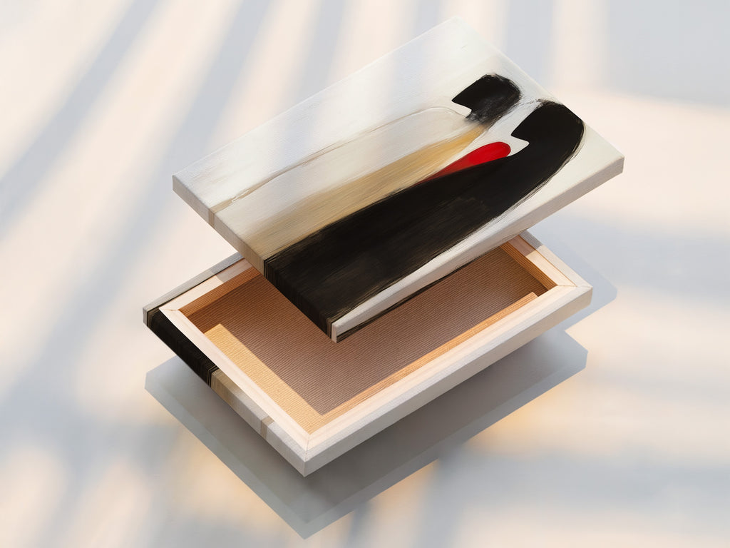 A stretched canvas print featuring abstract couple artwork. This minimalist love wall art is ready to hang. Its modern design and neutral colors make it a perfect addition. Enhance your bedroom wall decor with this contemporary piece.