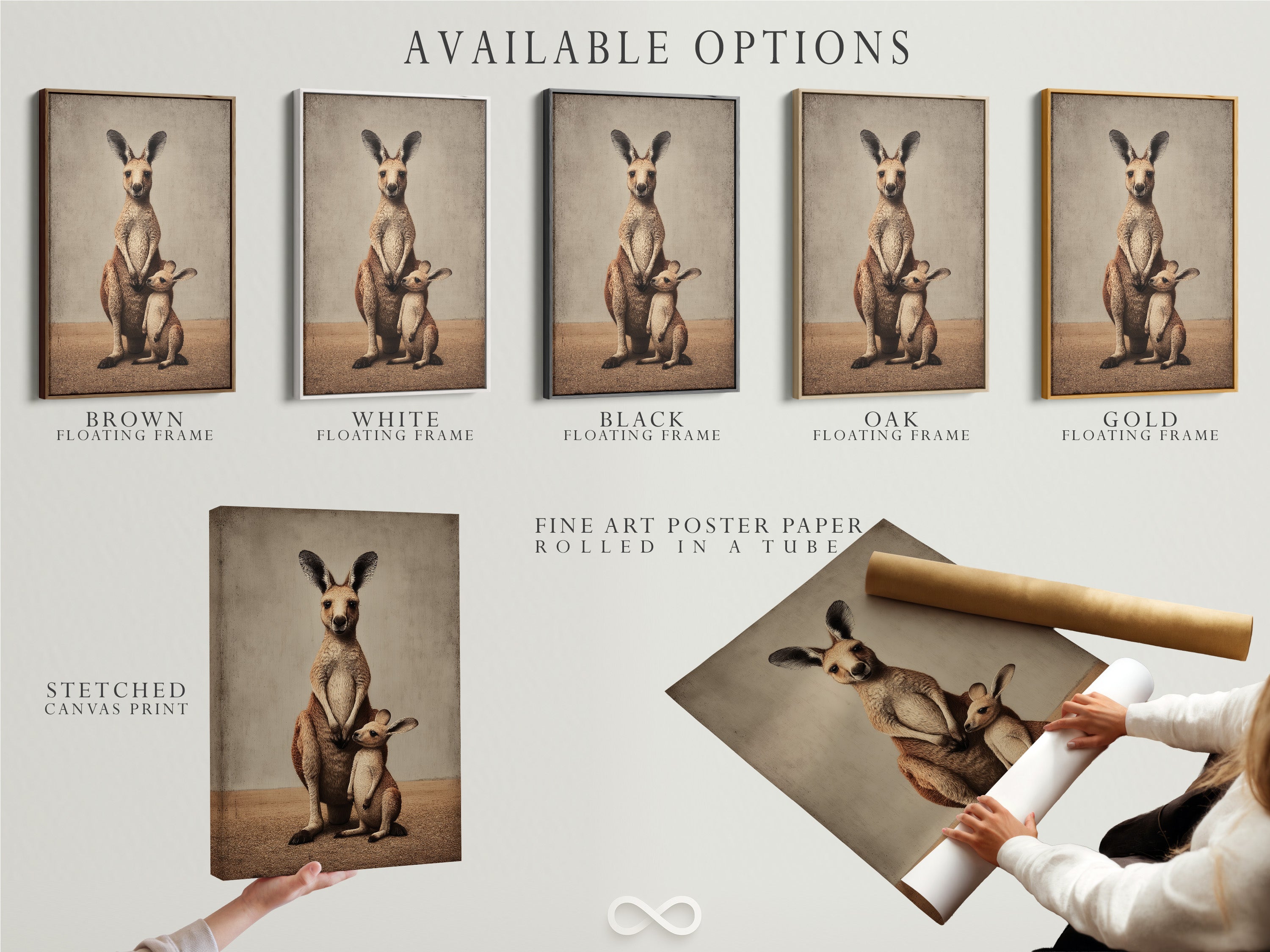 Available options include a stretched canvas print fine art poster paper and a floating frame. Customize the kangaroo family artwork to match your style. Enhance your nursery decor with marsupial art.