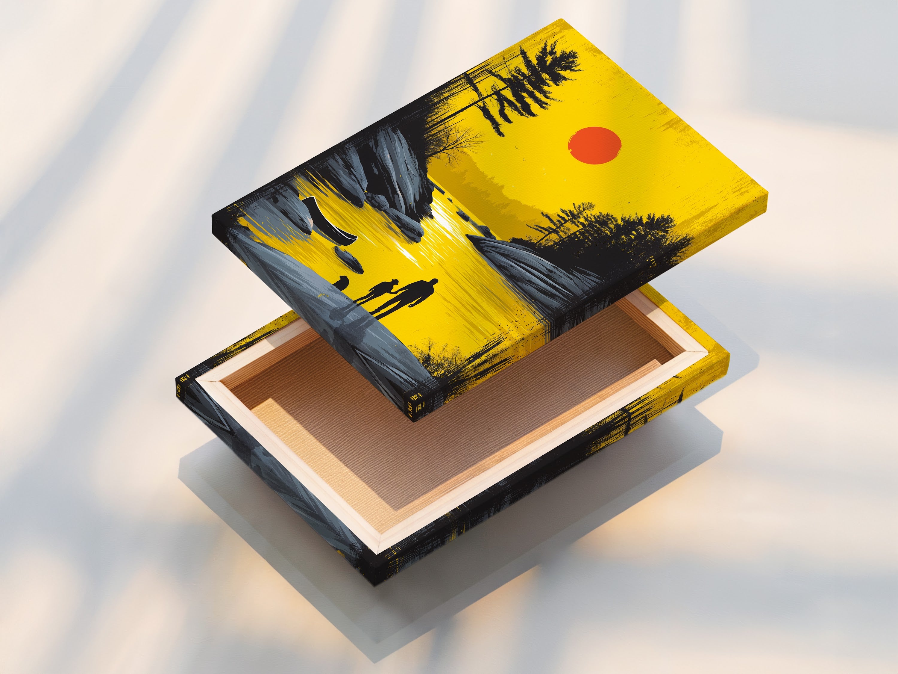 Stretched canvas print of sunset lake artwork. This father and child wall art brings a golden landscape to your home. The serene lakeside view offers a calming presence. Ideal for modern minimalist and contemporary spaces. Enhance your living room bedroom or office with this peaceful artwork.