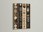 A captivating oak frame showcases a tribal artwork. The art features black brown and beige colors. The artwork is displayed against a white wall. The natural wood grain of the oak frame enhances the room's warmth.