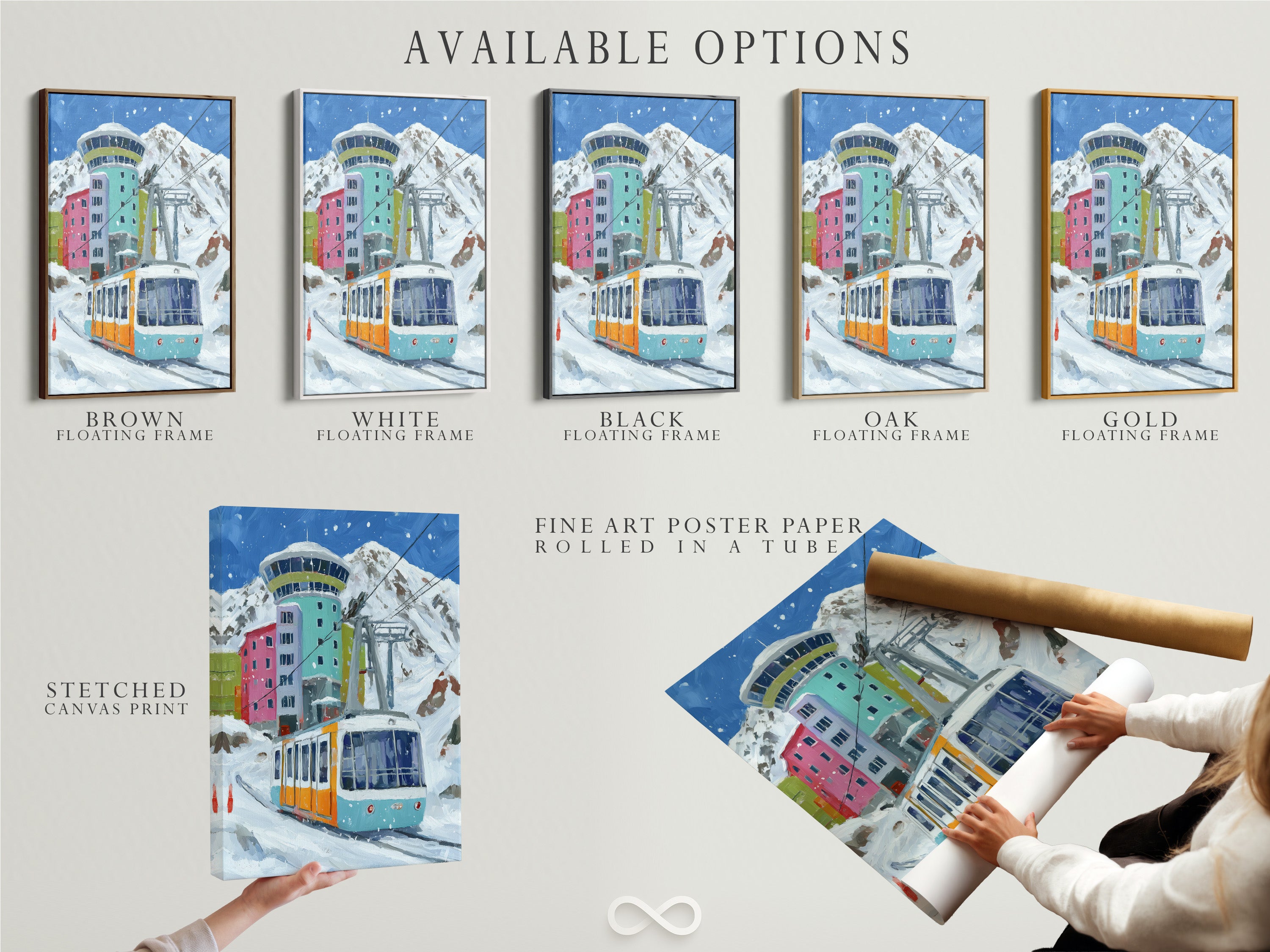 Explore available options for the alpine cable car art. Choose from stretched canvas prints fine art poster paper and floating frames. Find the perfect format for your mountain village artwork. Each option offers a unique aesthetic.
