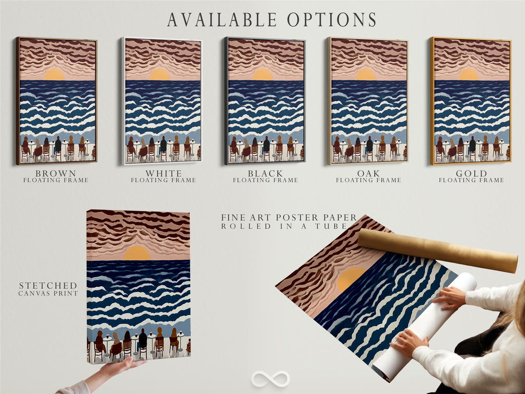 Here are the available options for our seaside cafe artwork. Choose from a stretched canvas print. You can also pick fine art poster paper. A floating frame is another choice. Find the perfect fit for your style.