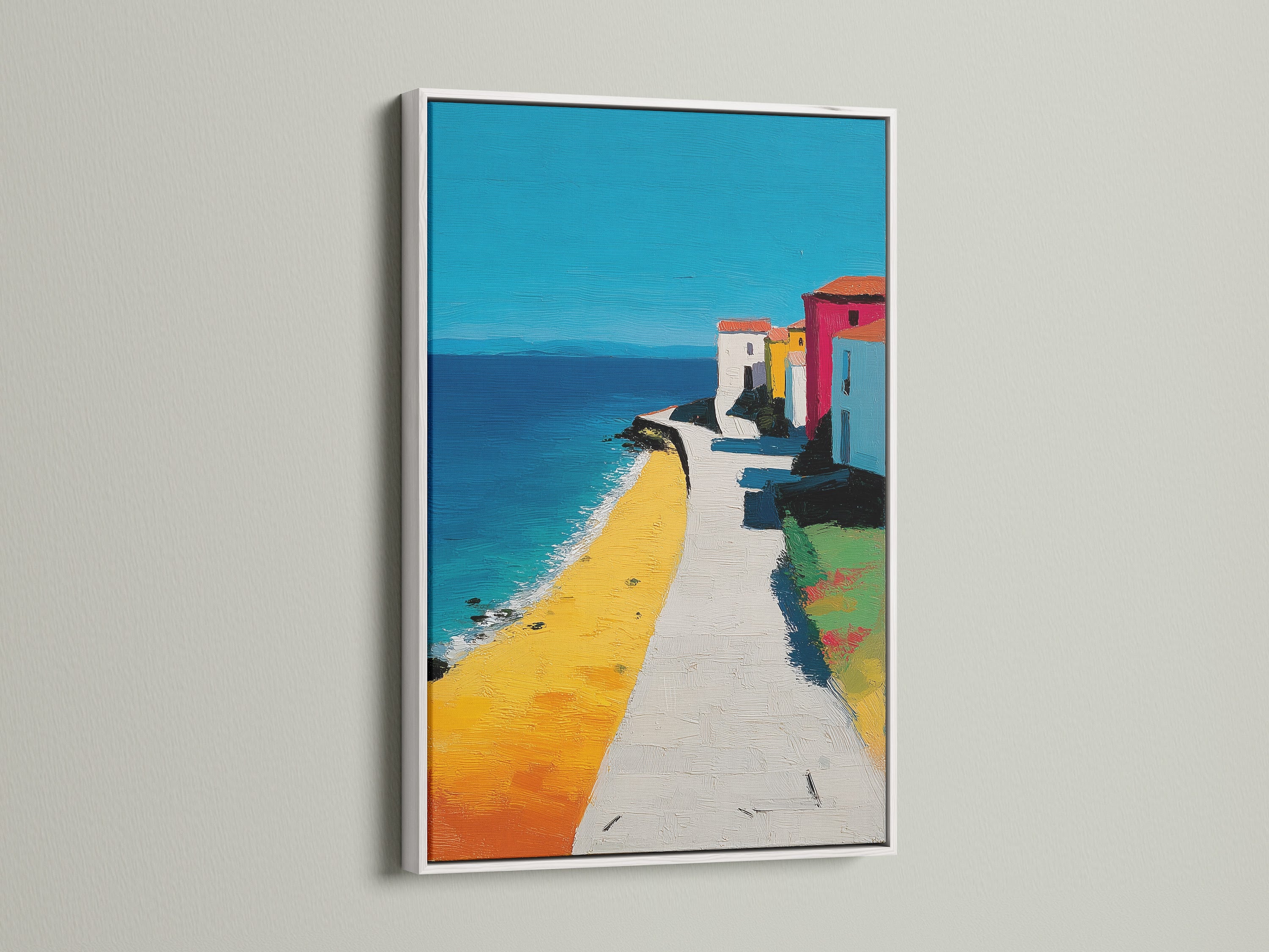 Artwork presented in a clean white frame. A versatile choice that complements any artwork. The bright white frame offers a modern and fresh look. Ideal for showcasing art in a minimalist setting. See artwork in a white frame.