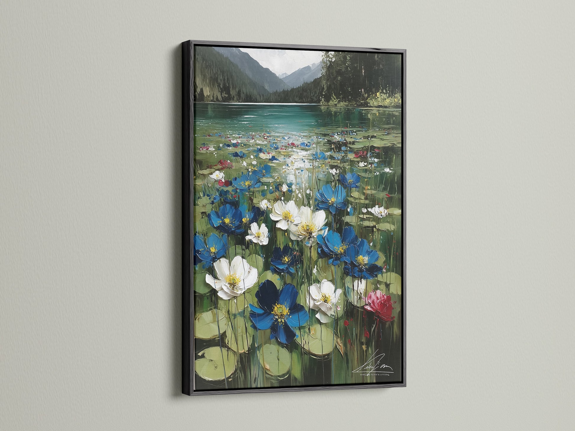 Floral Lake canvas artwork displayed with a black frame. The black frame offers a sleek contemporary contrast. The contrast enhances the botanical print. Ideal for a sophisticated space.
