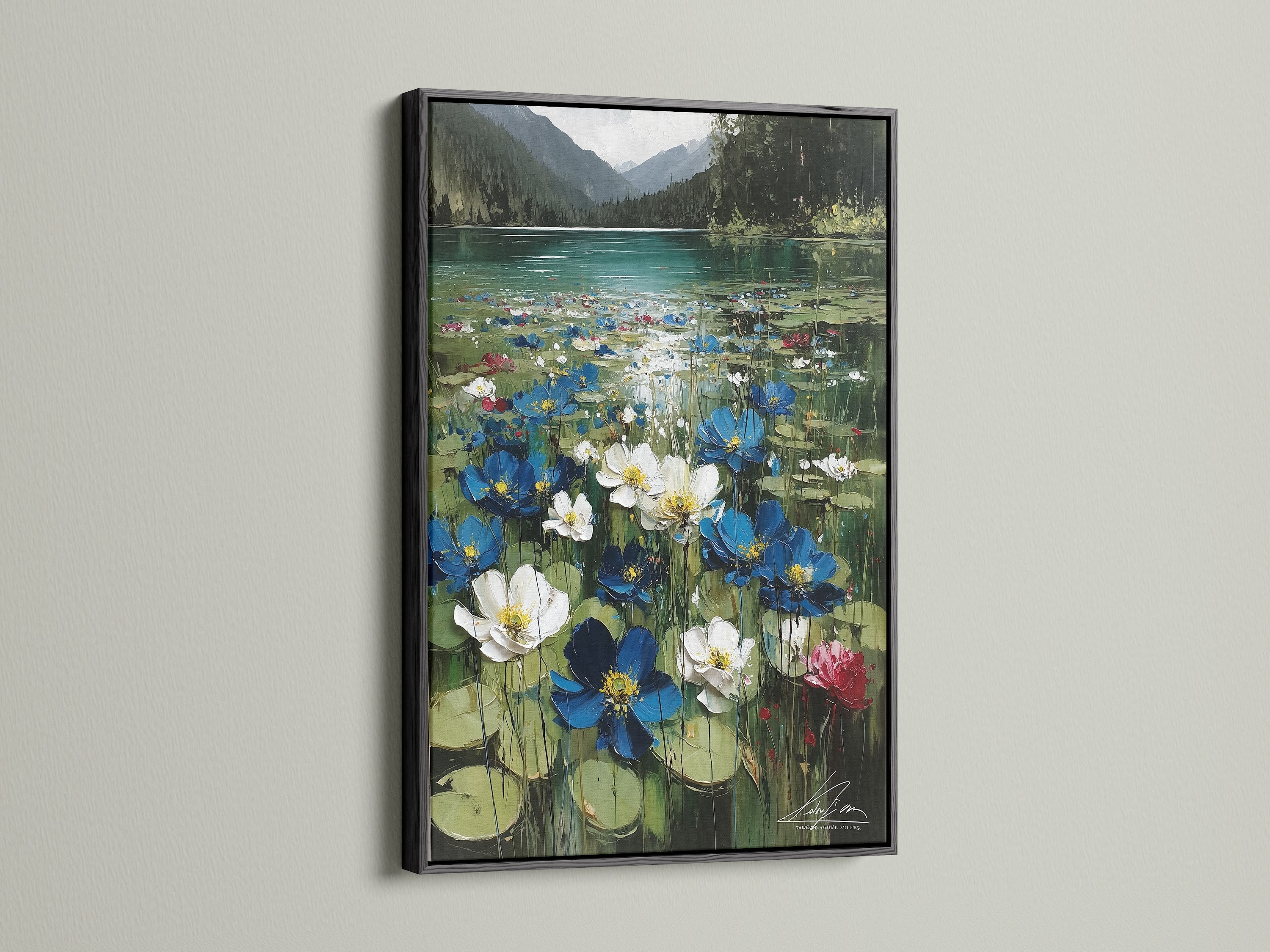 Floral Lake canvas artwork displayed with a black frame. The black frame offers a sleek contemporary contrast. The contrast enhances the botanical print. Ideal for a sophisticated space.