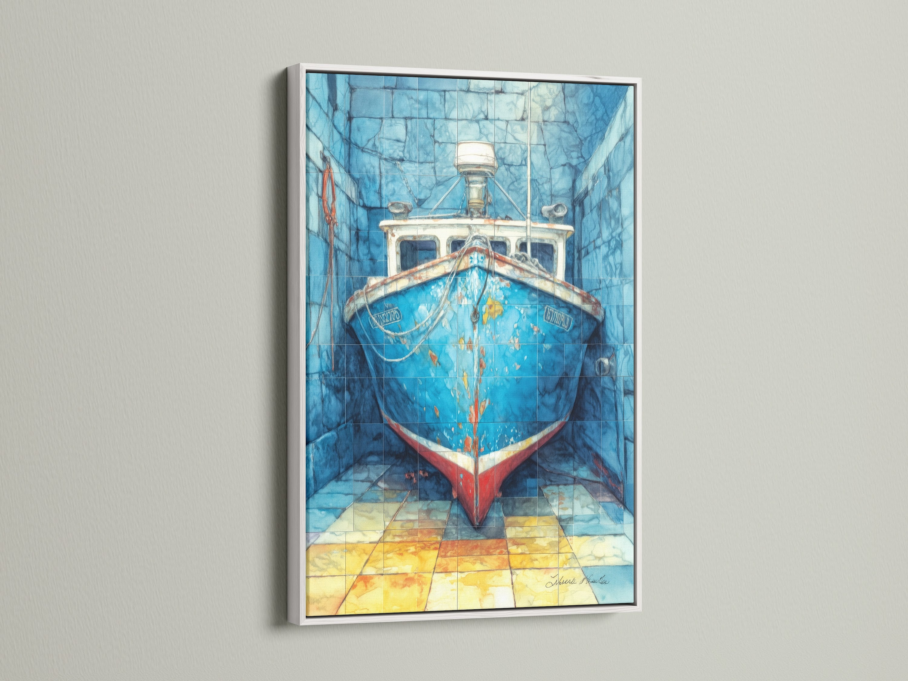 Fishing Boat artwork with a white frame. This nautical canvas is a coastal wall art must-have. It's a perfect boat artwork for any room. Find your sea vessel print today. This ocean themed art makes a lovely boat lover gift. Discover maritime art. Shop our coastal prints.