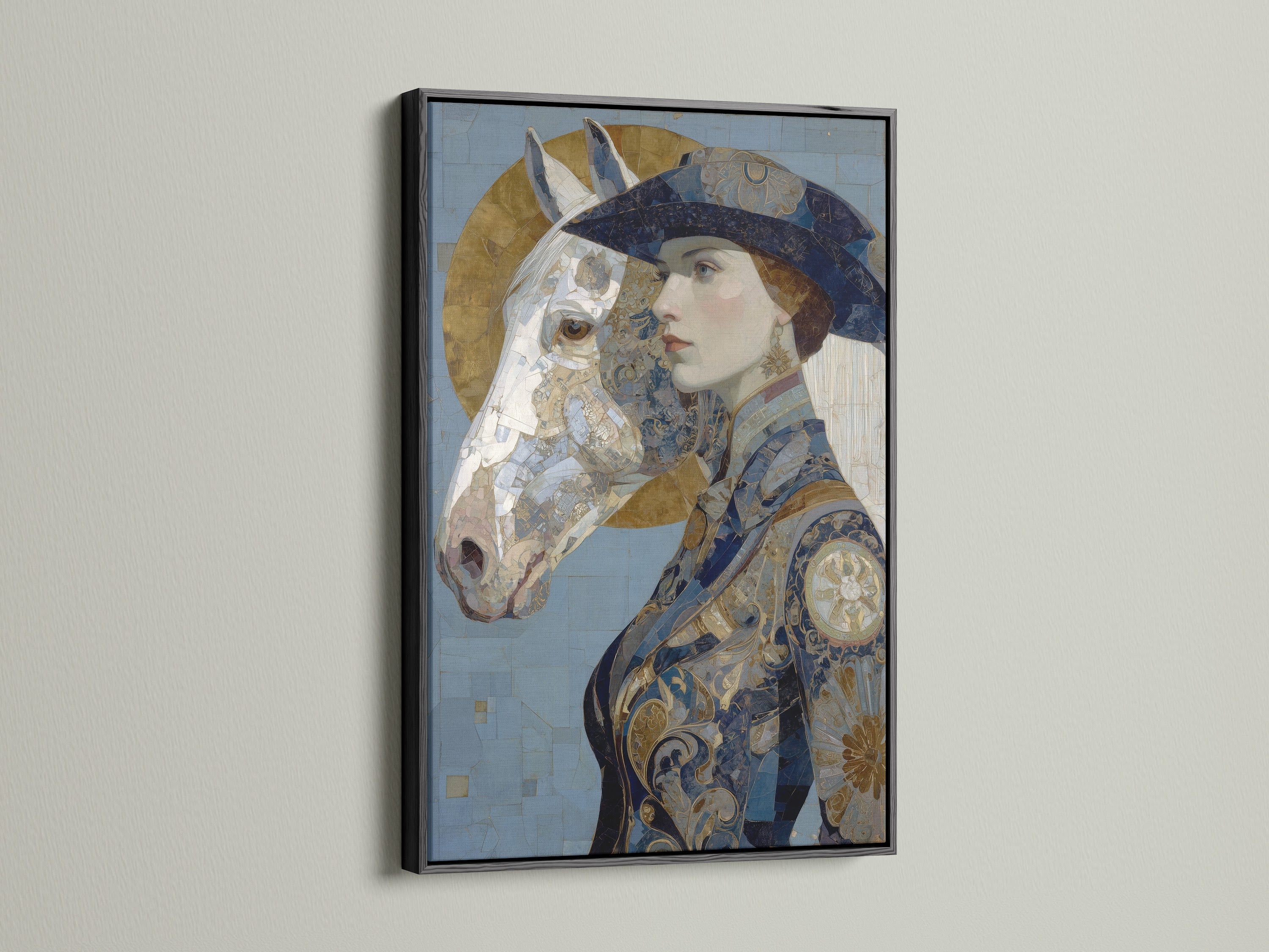 An elegant Art Nouveau Woman Canvas Artwork is framed in black. The artwork features a vintage portrait of a woman and horse in blue and gold. This piece offers a sophisticated touch to any room. Perfect for those seeking ornamental or feminine wall artwork. Enhance your home with this timeless print.