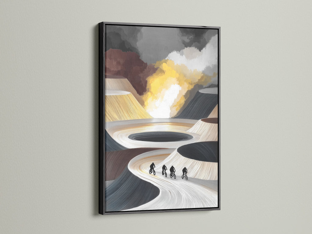 Black frame highlights the cyclists canvas. Abstract artwork with riders on display. This piece offers modern prints. Add contemporary art to your living room wall decor. A unique biking gift.