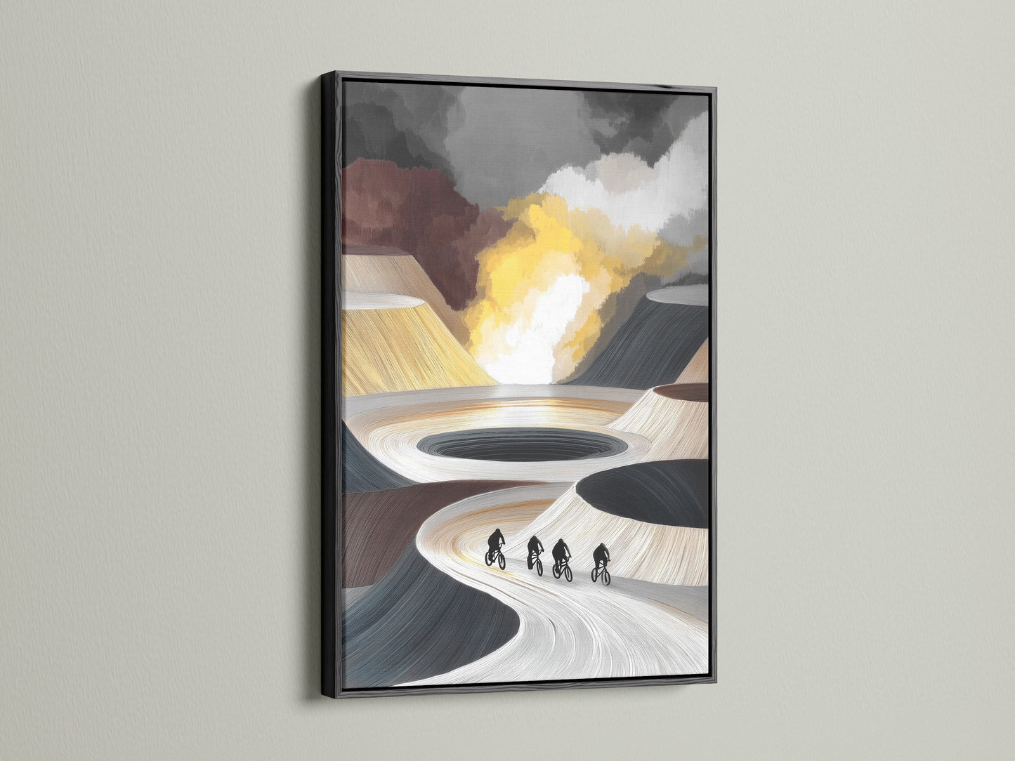 Black frame highlights the cyclists canvas. Abstract artwork with riders on display. This piece offers modern prints. Add contemporary art to your living room wall decor. A unique biking gift.