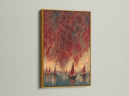 A gold frame highlights the vintage harbor canvas print. The sailing ships artwork and nautical city lights poster create a maritime theme. This piece is perfect for nautical home decor. It also enhances coastal and tropical aesthetics.