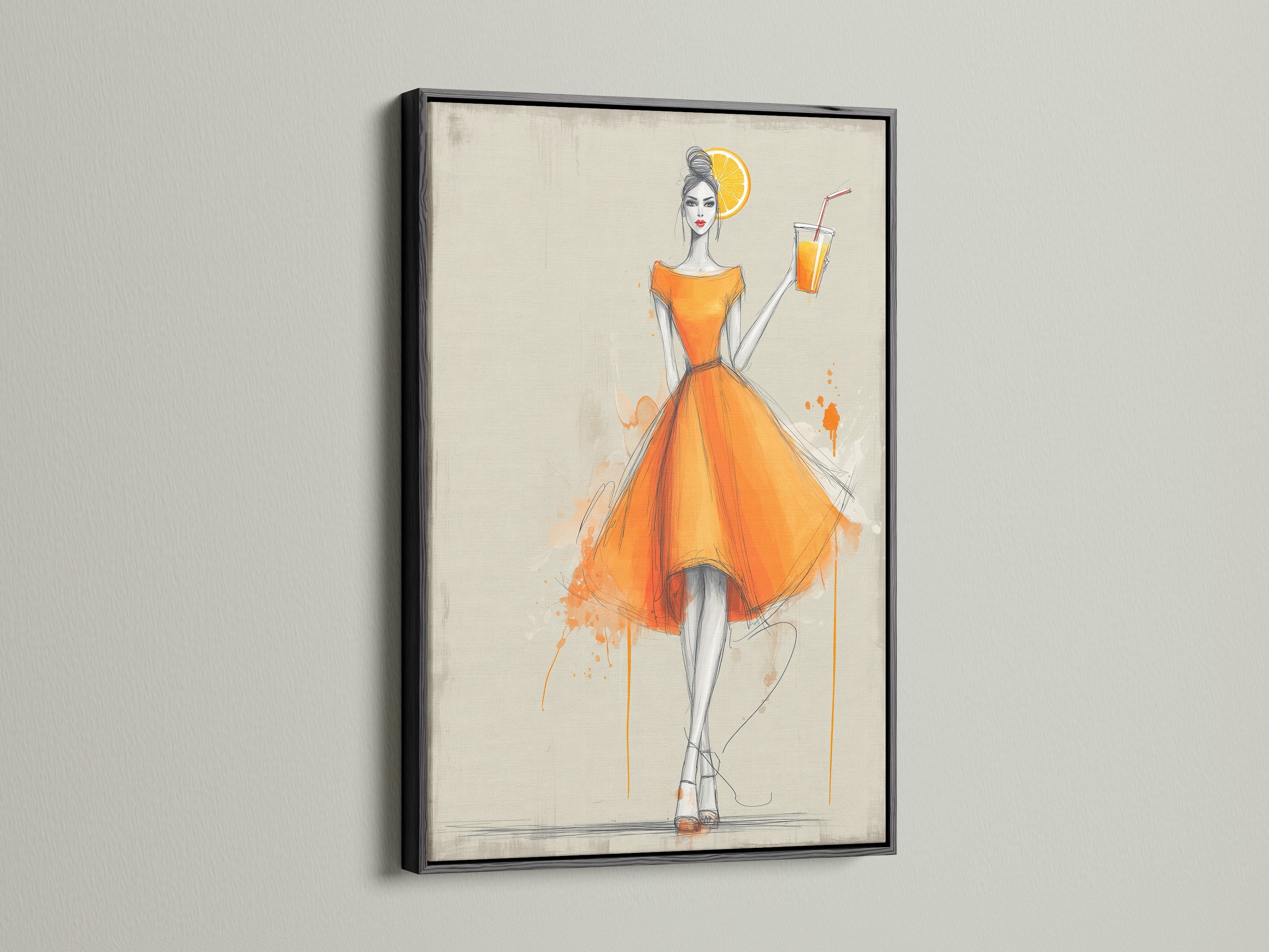 A fashion illustration print is presented in a black frame. This artwork features a chic woman in an orange dress. Add it to your wall art for a modern touch. It makes a unique gift for her.