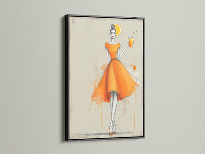 A fashion illustration print is presented in a black frame. This artwork features a chic woman in an orange dress. Add it to your wall art for a modern touch. It makes a unique gift for her.