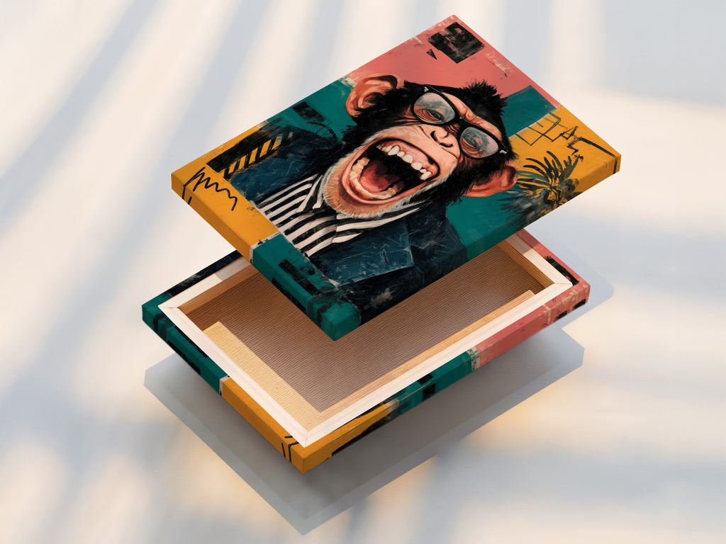 A stretched canvas print of the funny monkey artwork is displayed. The pop art animal wall art is ready to hang. The quirky chimp with glasses makes a statement. Perfect for adding a playful touch to your space. This stretched canvas print offers a professional look.