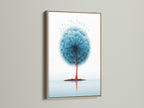 Dandelion teal blue botanical print in an oak frame. The oak frame complements the floral canvas. Minimalist decor for a bedroom wall. A beautiful flower artwork nature print. Blue home decor with scandi style art.