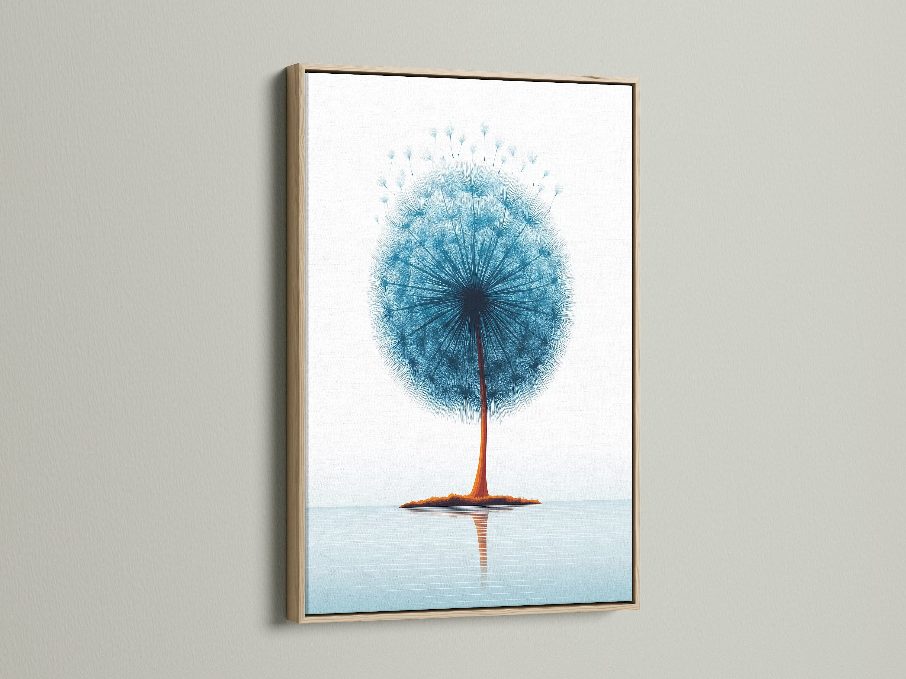 Dandelion teal blue botanical print in an oak frame. The oak frame complements the floral canvas. Minimalist decor for a bedroom wall. A beautiful flower artwork nature print. Blue home decor with scandi style art.
