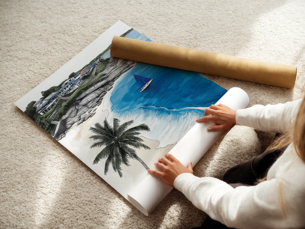 A woman rolls a fine art poster paper featuring coastal beach artwork. This tropical ocean artwork is perfect for any space. The sailboat print is ideal for beach house decor. Get your sea view art ready for framing. Great for nautical wall art.