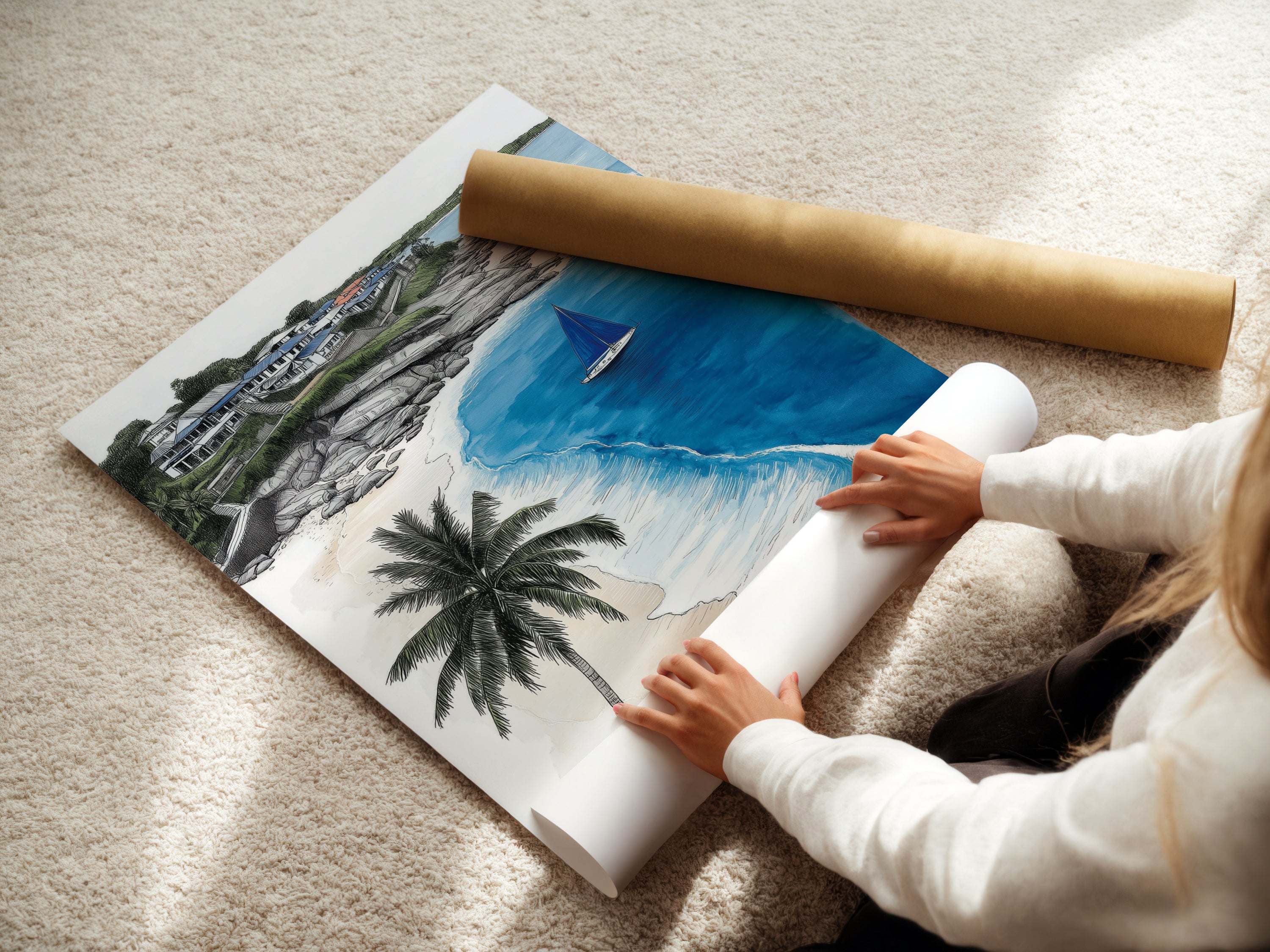A woman rolls a fine art poster paper featuring coastal beach artwork. This tropical ocean artwork is perfect for any space. The sailboat print is ideal for beach house decor. Get your sea view art ready for framing. Great for nautical wall art.
