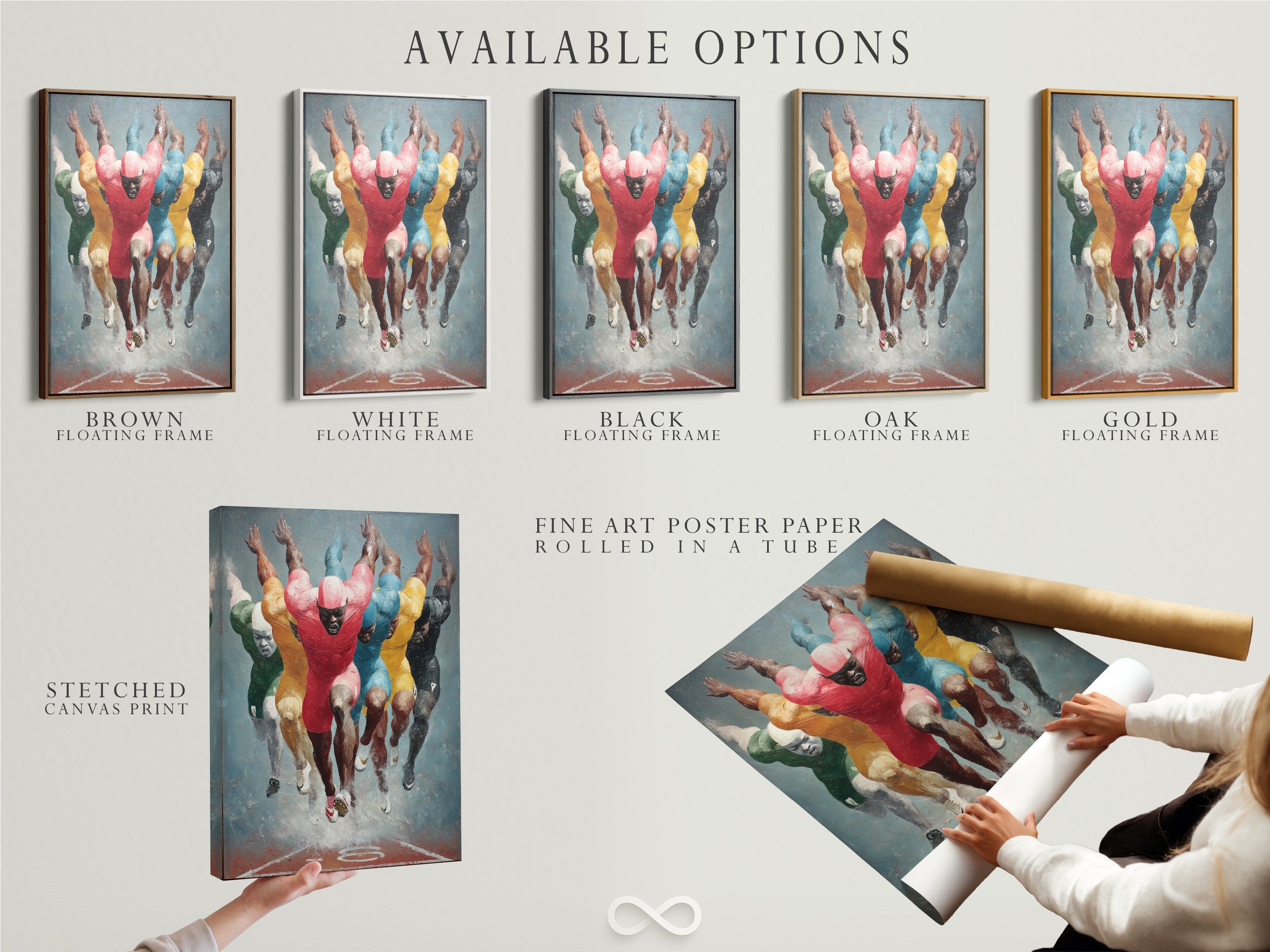 Available options include stretched canvas print fine art poster paper and floating frame. Choose the perfect format to match your style and space. Each option offers a unique aesthetic. The stretched canvas provides a ready to hang gallery look. The fine art poster adds versatility.