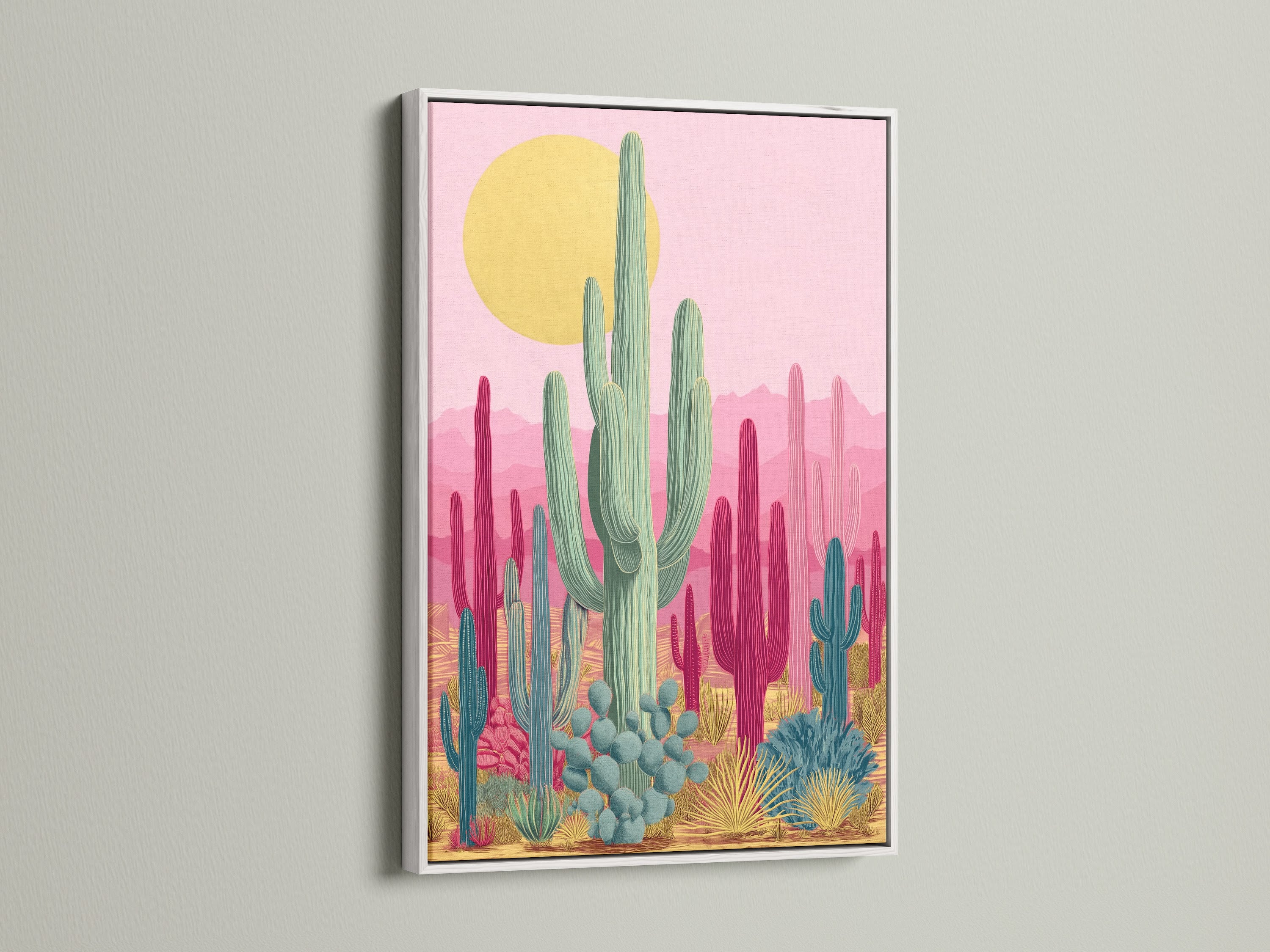 This Southwest-style cactus art print is framed in white. The pink and teal botanical artwork is eye-catching. A white frame makes this desert wall art pop. Ideal for modern minimalist or boho aesthetics. Consider for living room art.