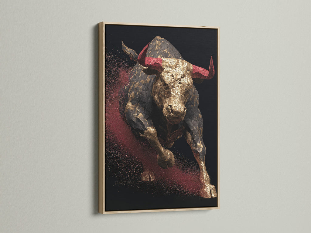 Artwork featuring a bull with red horns. The art is displayed in a oak frame. The oak frame enhances the artwork. Perfect art to showcase in your home or office. Great art for any room in the house