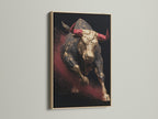 Artwork featuring a bull with red horns. The art is displayed in a oak frame. The oak frame enhances the artwork. Perfect art to showcase in your home or office. Great art for any room in the house