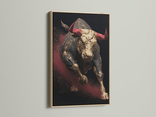 Artwork featuring a bull with red horns. The art is displayed in a oak frame. The oak frame enhances the artwork. Perfect art to showcase in your home or office. Great art for any room in the house