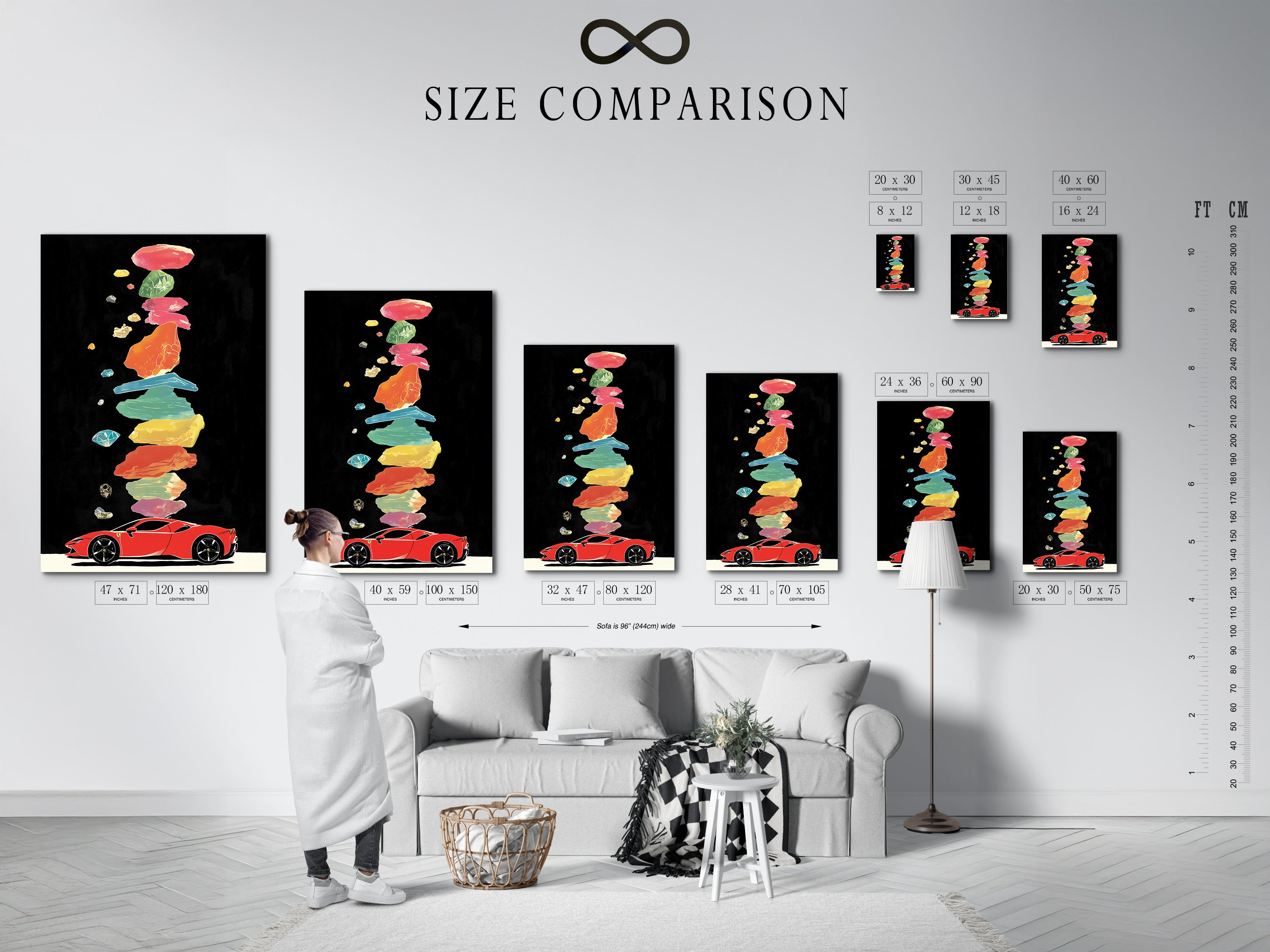A size comparison chart is displayed in an interior setting showcasing various sizes of a sports car artwork. The artwork features a red sports car with abstract colorful elements. This chart helps visualize the ideal size for your space. Perfect for planning your wall decor with automotive art.