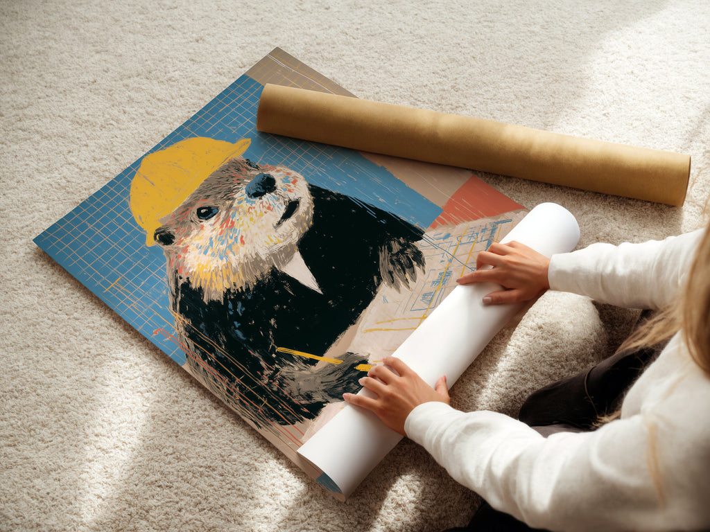 A woman is rolling a fine art poster paper. The beaver construction art print is perfect for office wall decor. It's a funny animal worker canvas and a great contractor gift. This quirky wall art suits modern and industrial styles.