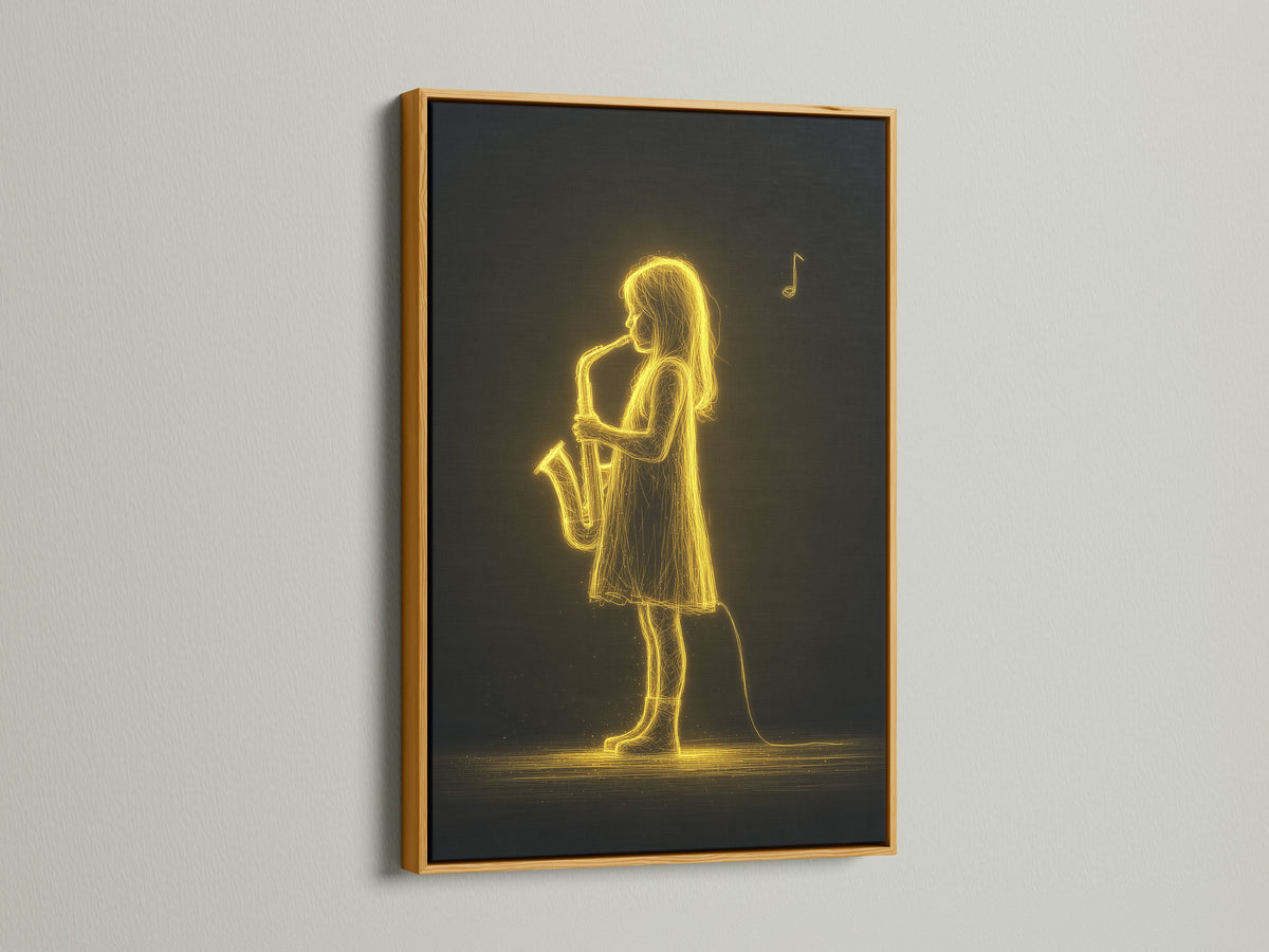 Neon gold saxophone player in gold frame