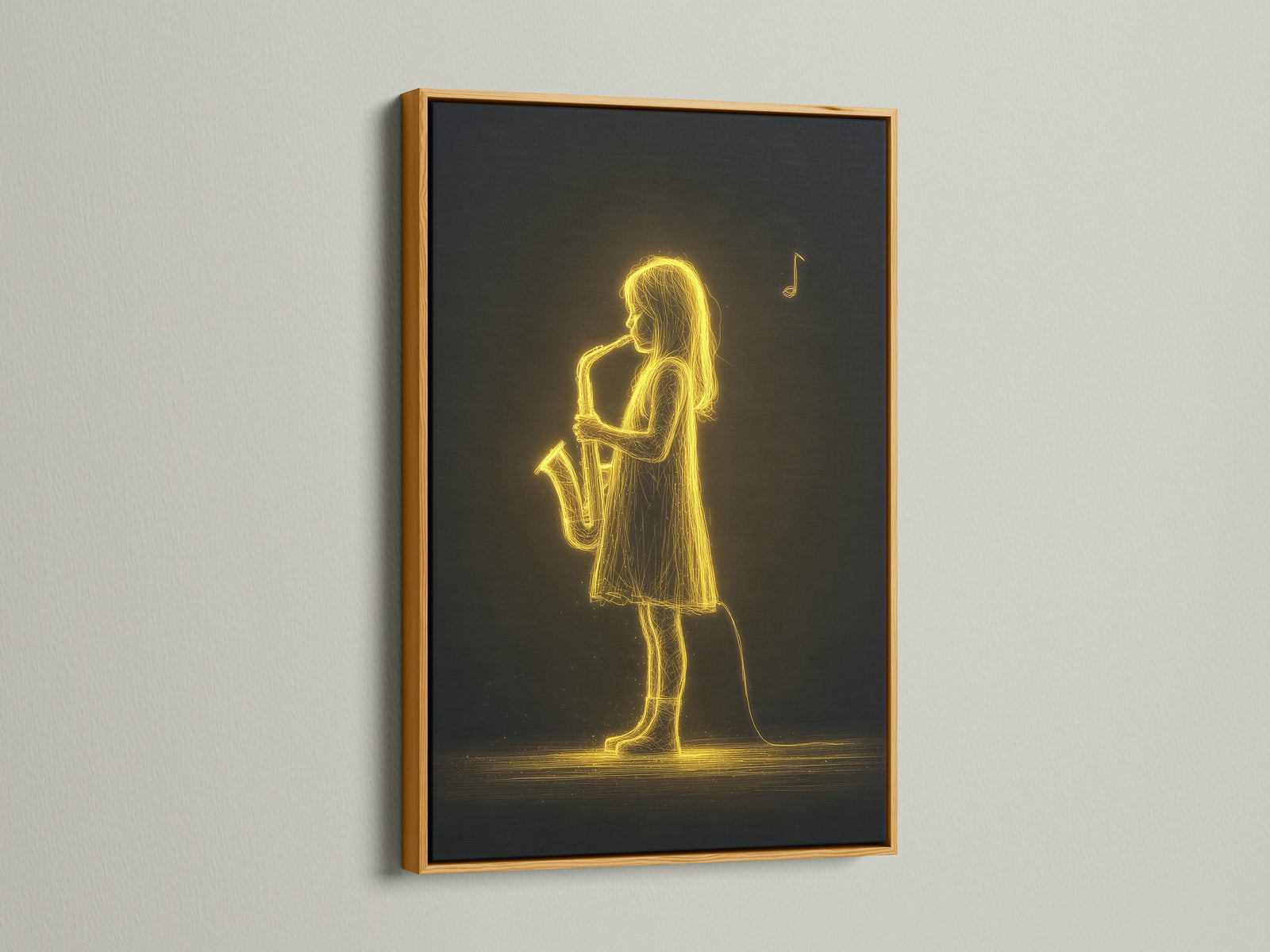 Neon gold line-drawn saxophone player on charcoal background