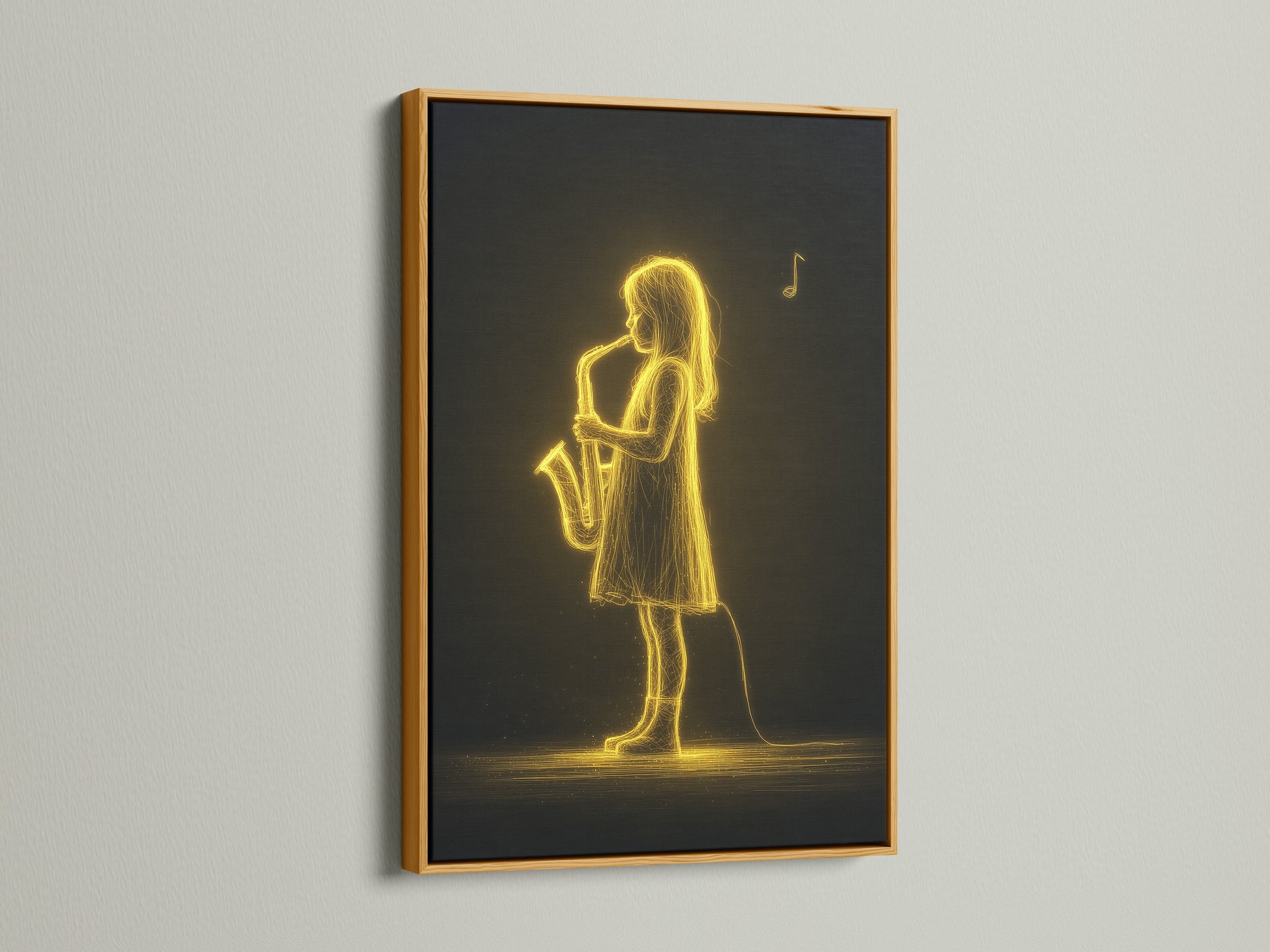 See the Saxophone Player Art Print in a luxurious gold frame. The golden frame amplifies the neon wall art's radiant glow. This is ideal for adding a touch of elegance. Perfect as a music lover gift