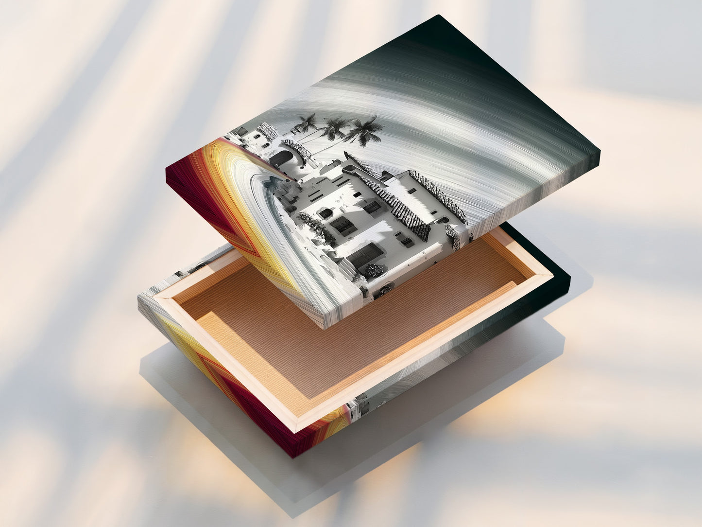 Stretched canvas print of the Coastal Village artwork. The canvas print offers a gallery-wrapped look for your wall decor. The artwork is ready to hang and enjoy. This provides a durable and high-quality print that enhances any room.