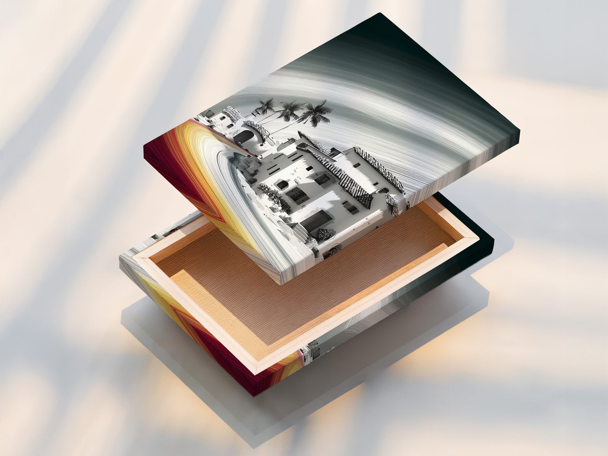 Stretched canvas print of the Coastal Village artwork. The canvas print offers a gallery-wrapped look for your wall decor. The artwork is ready to hang and enjoy. This provides a durable and high-quality print that enhances any room.