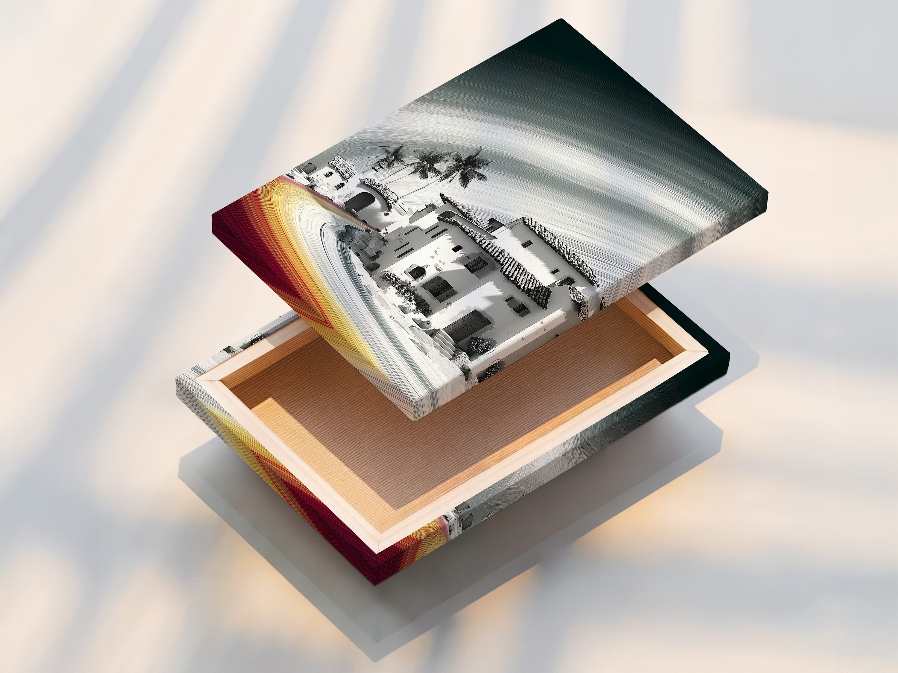 Stretched canvas print of the Coastal Village artwork. The canvas print offers a gallery-wrapped look for your wall decor. The artwork is ready to hang and enjoy. This provides a durable and high-quality print that enhances any room.