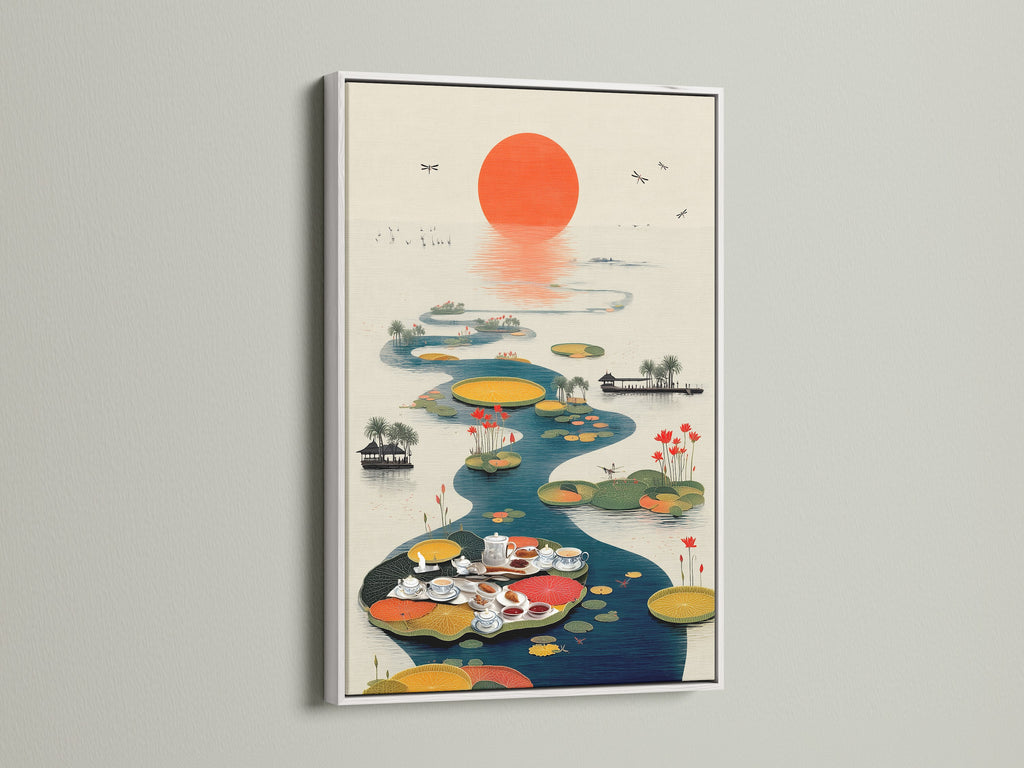 Asian Tea Ceremony canvas art in a white frame. This oriental wall art features a peaceful lotus pond. The white frame enhances the artwork's serene and tranquil qualities. Ideal for creating a calming atmosphere in living rooms or spas. This piece brings a touch of Asian elegance to any space.