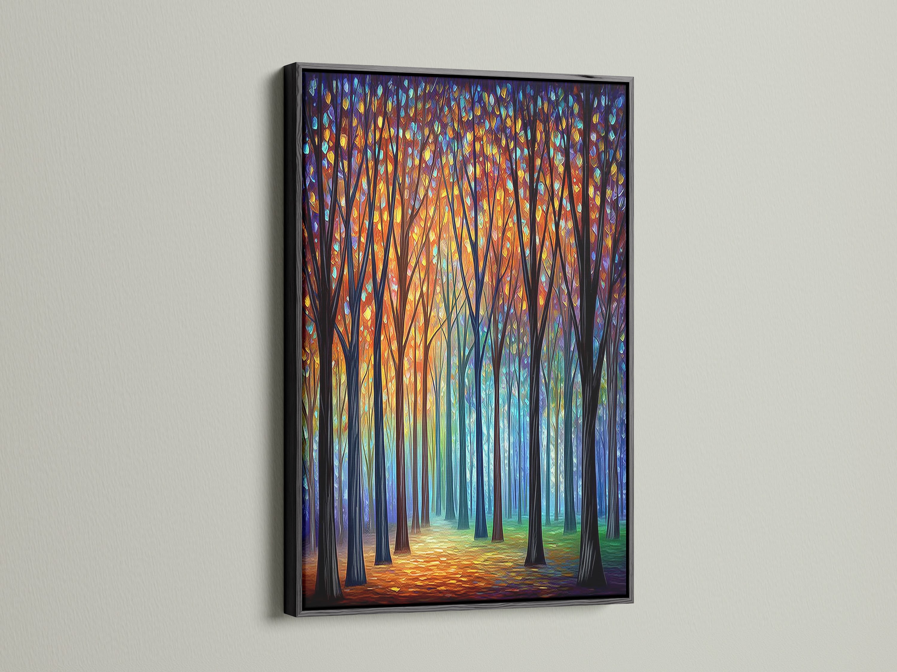 A striking black frame surrounds this colorful forest canvas print. The modern nature artwork features abstract trees in vibrant teal blue and orange tones. Elevate your office wall decor with this piece.