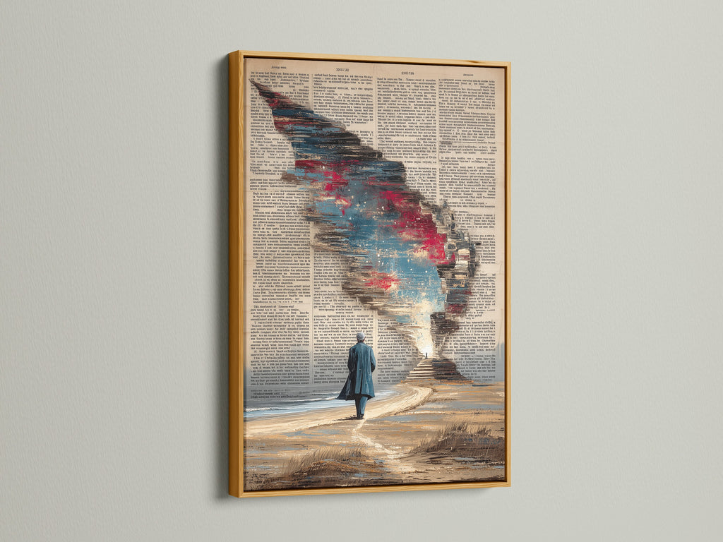 This cosmic sky art is presented in a gold frame. The surreal dictionary art print shines. Perfect for adding a touch of vintage elegance to your office space. This book page canvas print is a unique decor choice. The gold frame enhances the surreal artwork