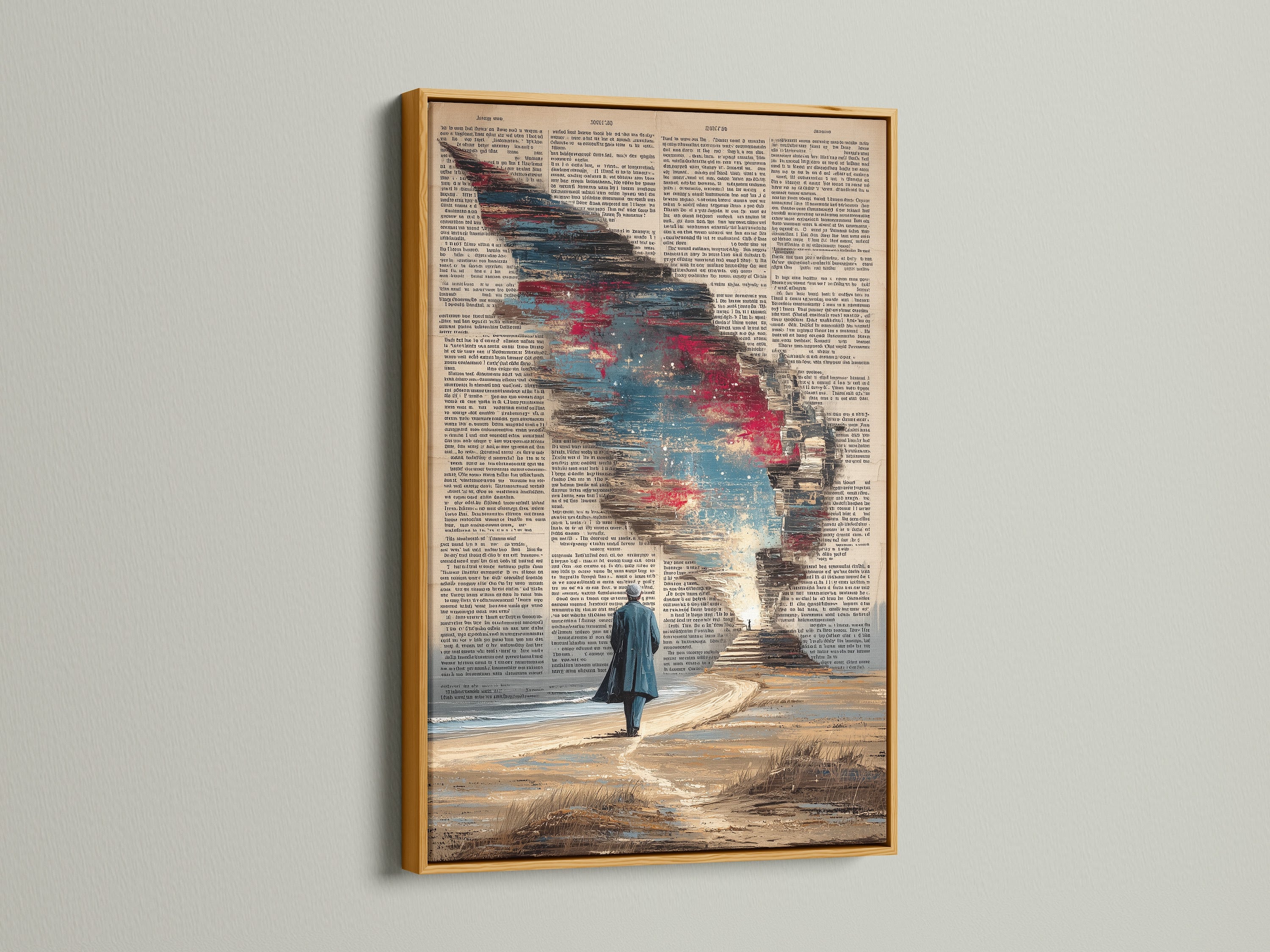 This cosmic sky art is presented in a gold frame. The surreal dictionary art print shines. Perfect for adding a touch of vintage elegance to your office space. This book page canvas print is a unique decor choice. The gold frame enhances the surreal artwork