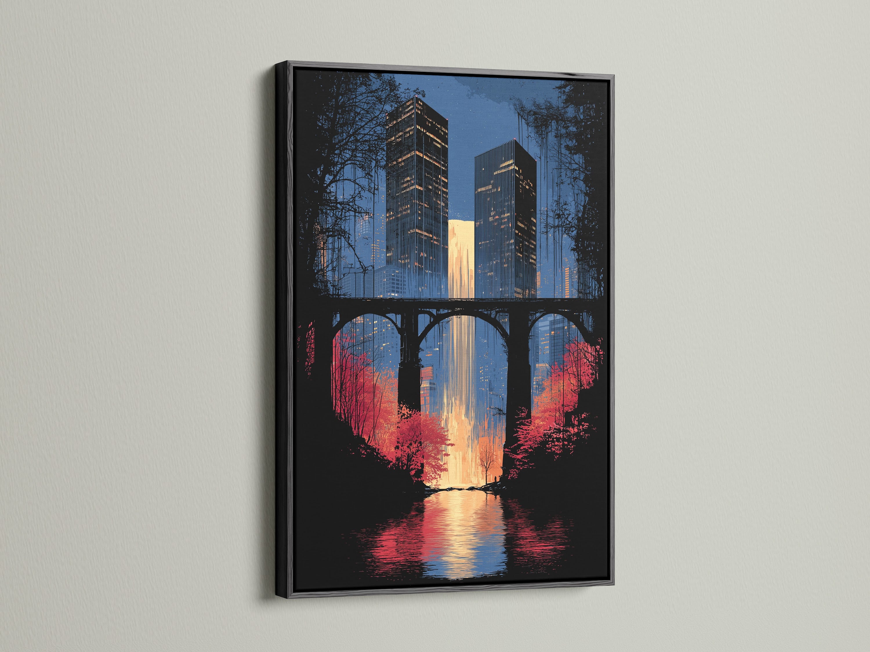 Black framed city skyline artwork. The urban wall art features a waterfall print. This cityscape canvas enhances modern office decor. The black frame accentuates the urban landscape. The artwork is perfect for contemporary interiors. The print captures the essence of downtown art.