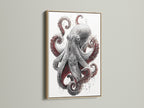 Here is a close-up of the Octopus art print in an oak frame. This stunning marine life artwork brings the ocean to your walls. Ideal for nautical prints and coastal wall decor. Enhance your space with this beautiful sea life artwork.