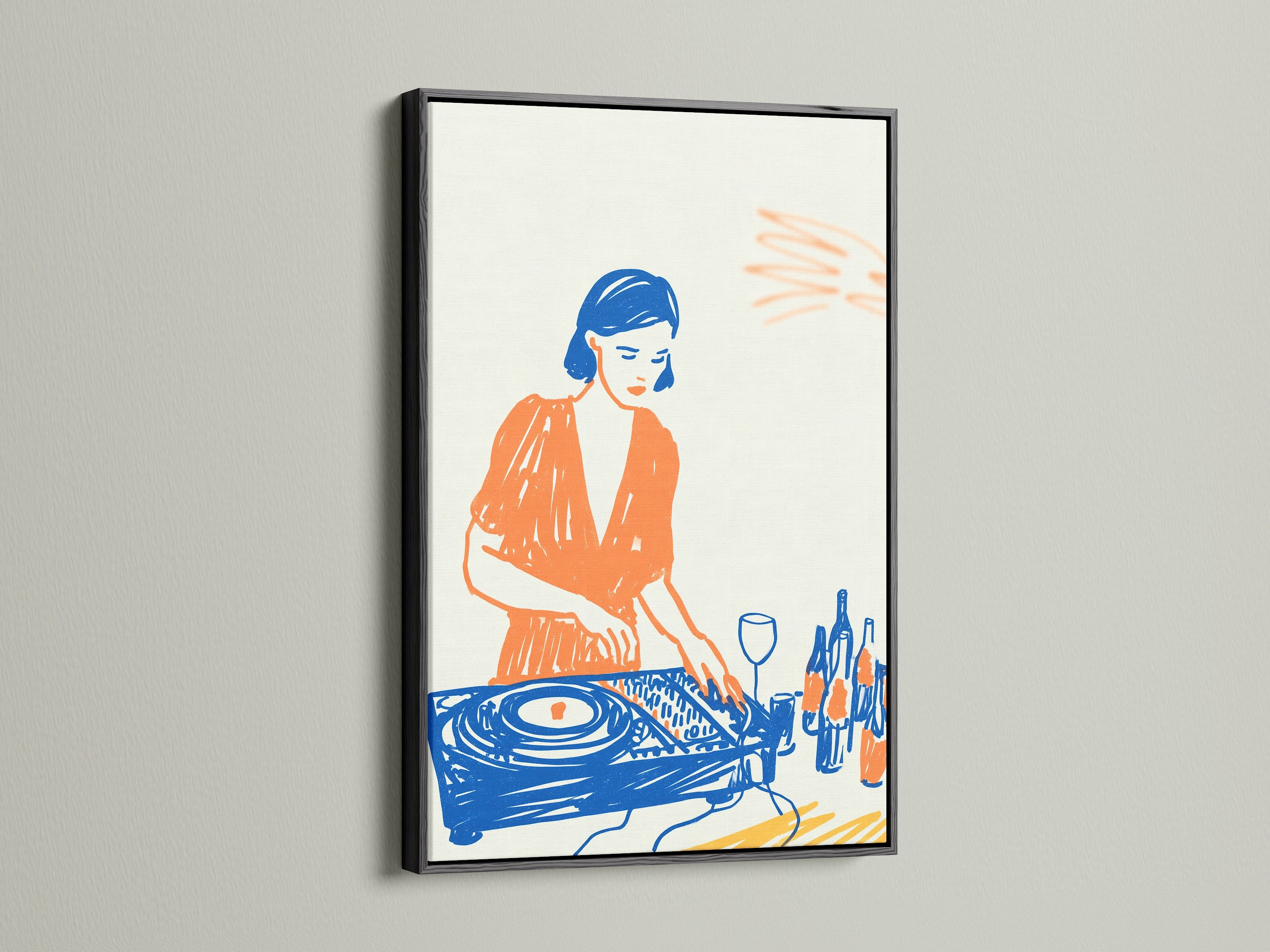 Check out the music canvas art in a black frame. The black frame provides a bold contrast to the retro music poster. It makes the DJ artwork pop. Perfect for creating a focal point in your living room art or studio wall decor.