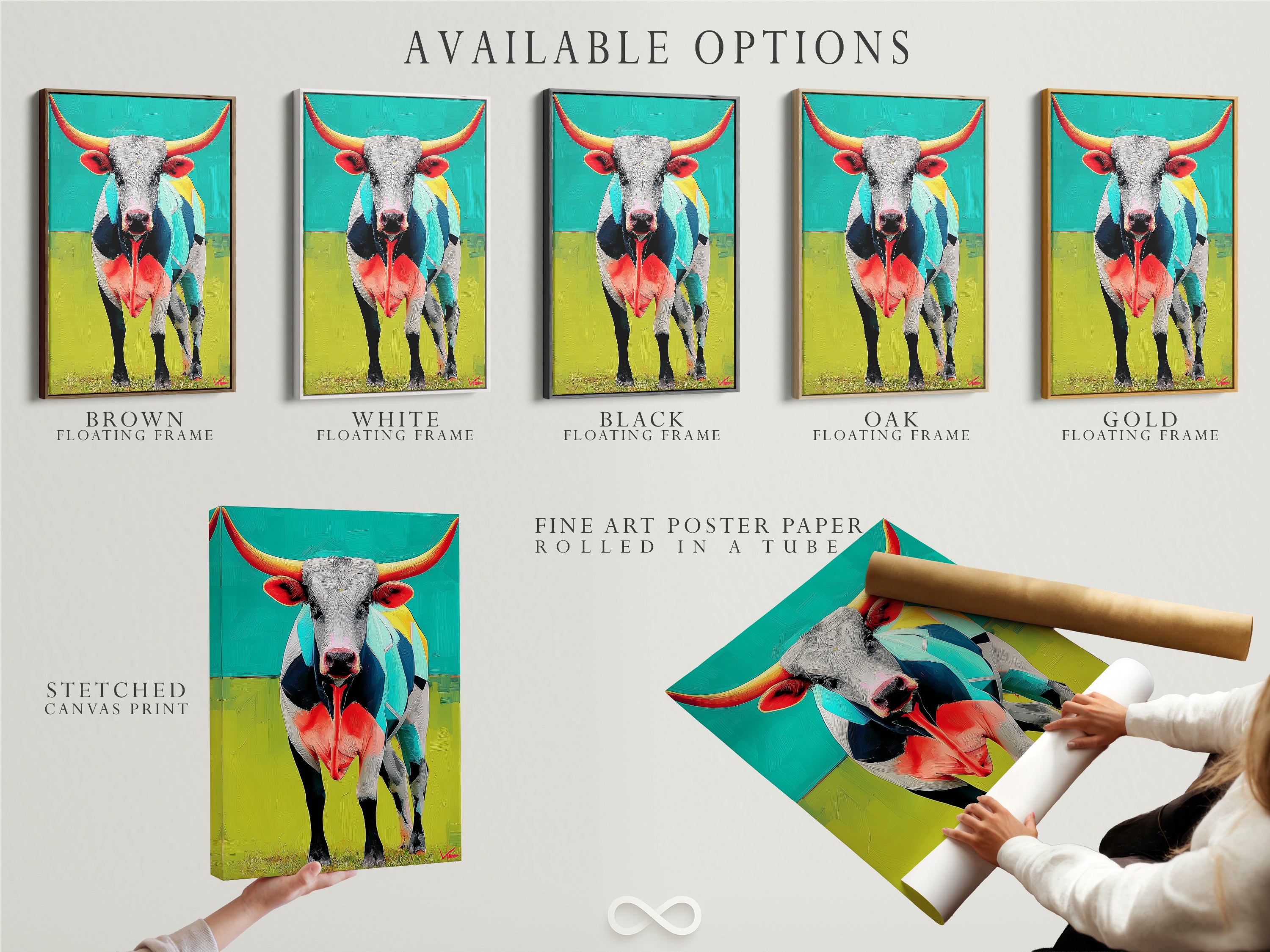 Explore available options for the Longhorn Steer artwork. Options include stretched canvas print fine art poster paper and floating frame. Customize your modern animal artwork. The farmhouse decor can be tailored to your taste. The steer painting is available in various formats. Choose the perfect style for your space.