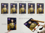 Available options for the Cosmic Woman Portrait artwork: stretched canvas print fine art poster paper and floating frame. Choose the perfect style for your space. Surreal galaxy art adds a unique touch. Celestial wall art enhances bedroom decor.