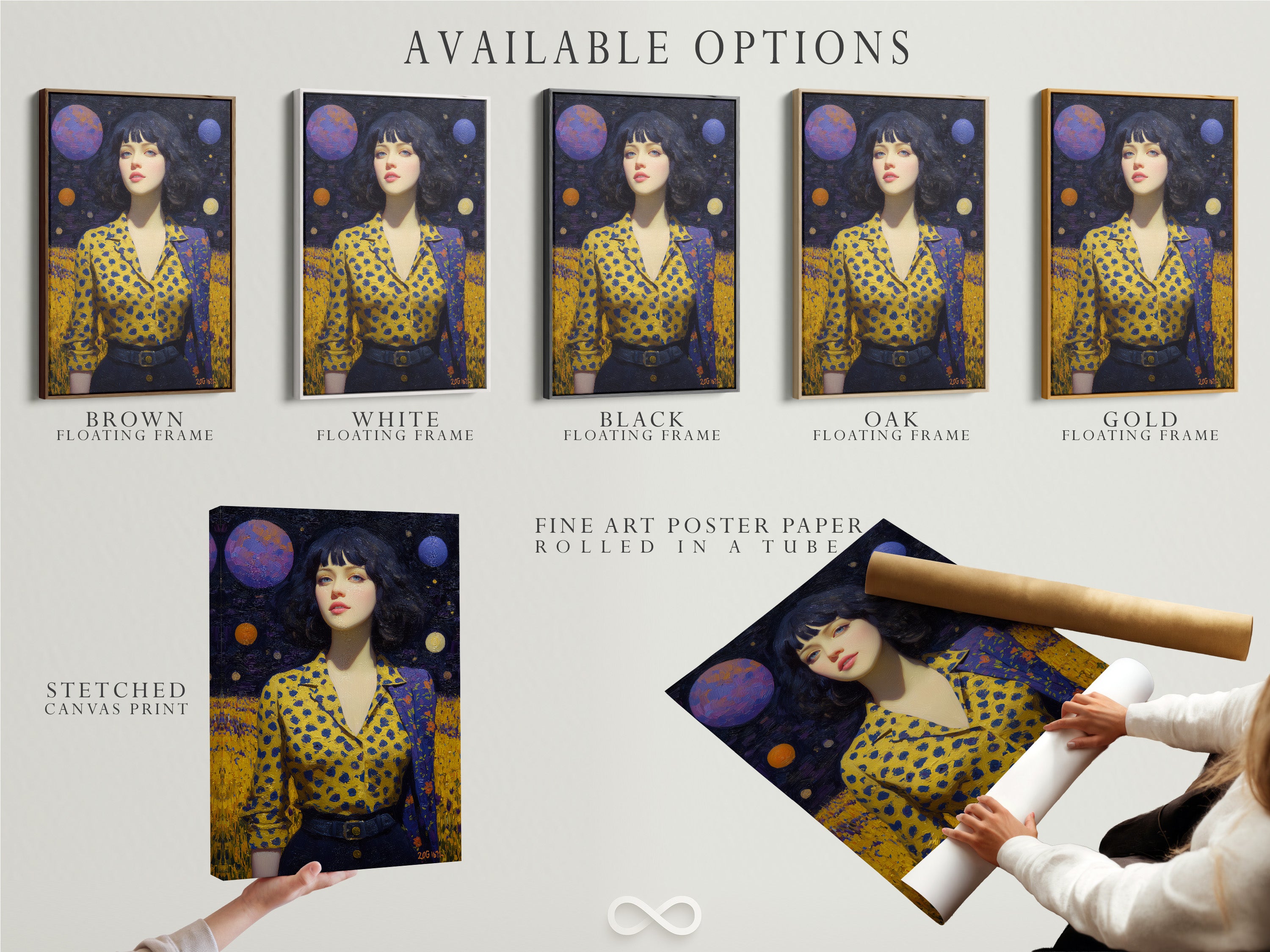 Available options for the Cosmic Woman Portrait artwork: stretched canvas print fine art poster paper and floating frame. Choose the perfect style for your space. Surreal galaxy art adds a unique touch. Celestial wall art enhances bedroom decor.